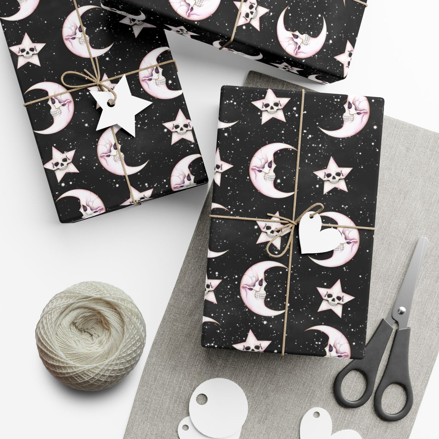 Goth Christmas Celestial Moon & Stars, Whimsical Kawaii Creepmas Black Eco-Friendly Gift Wrap