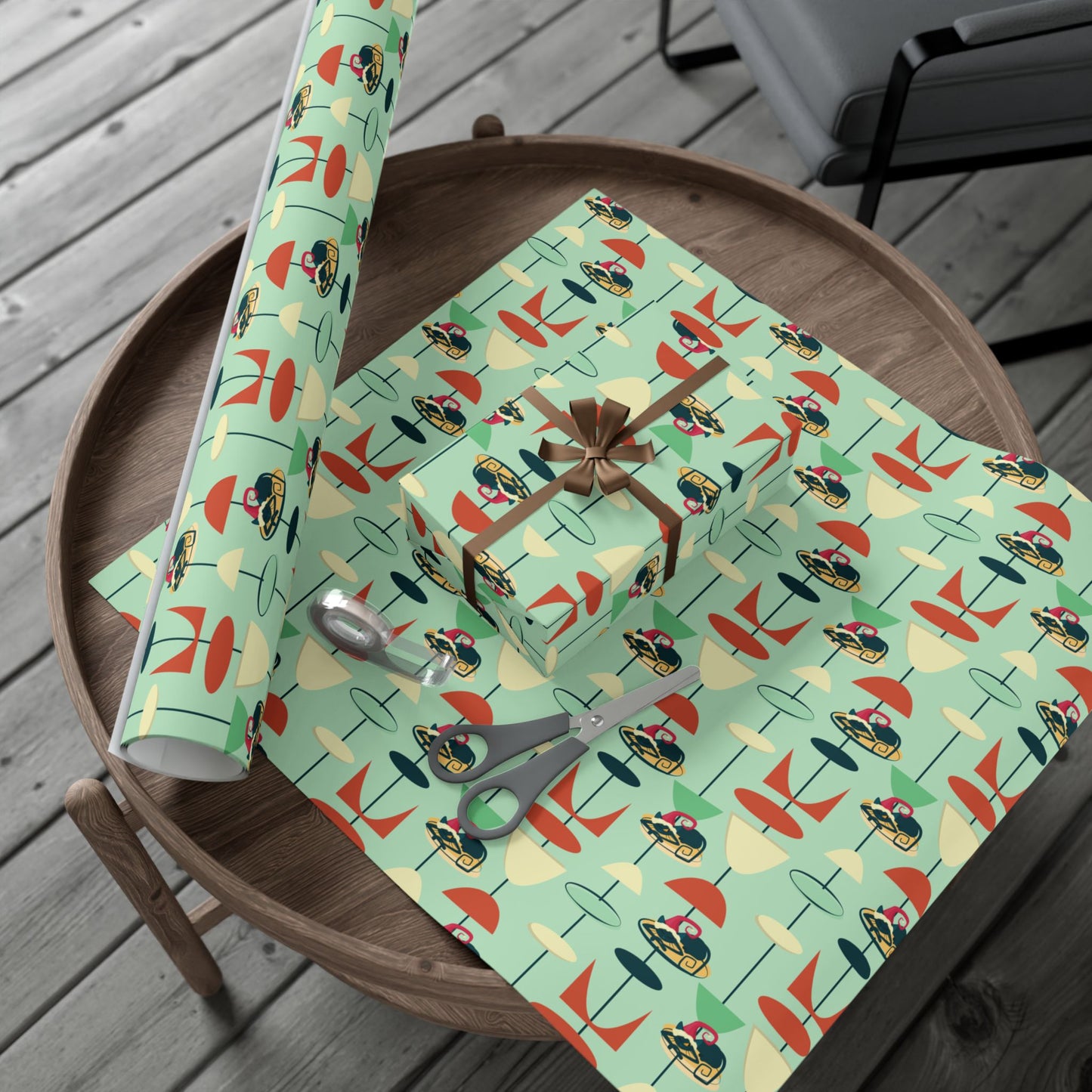 Retro 50's Atomic Cat Christmas Kitschy Mid Century Modern Green Eco-Friendly Wrapping Paper