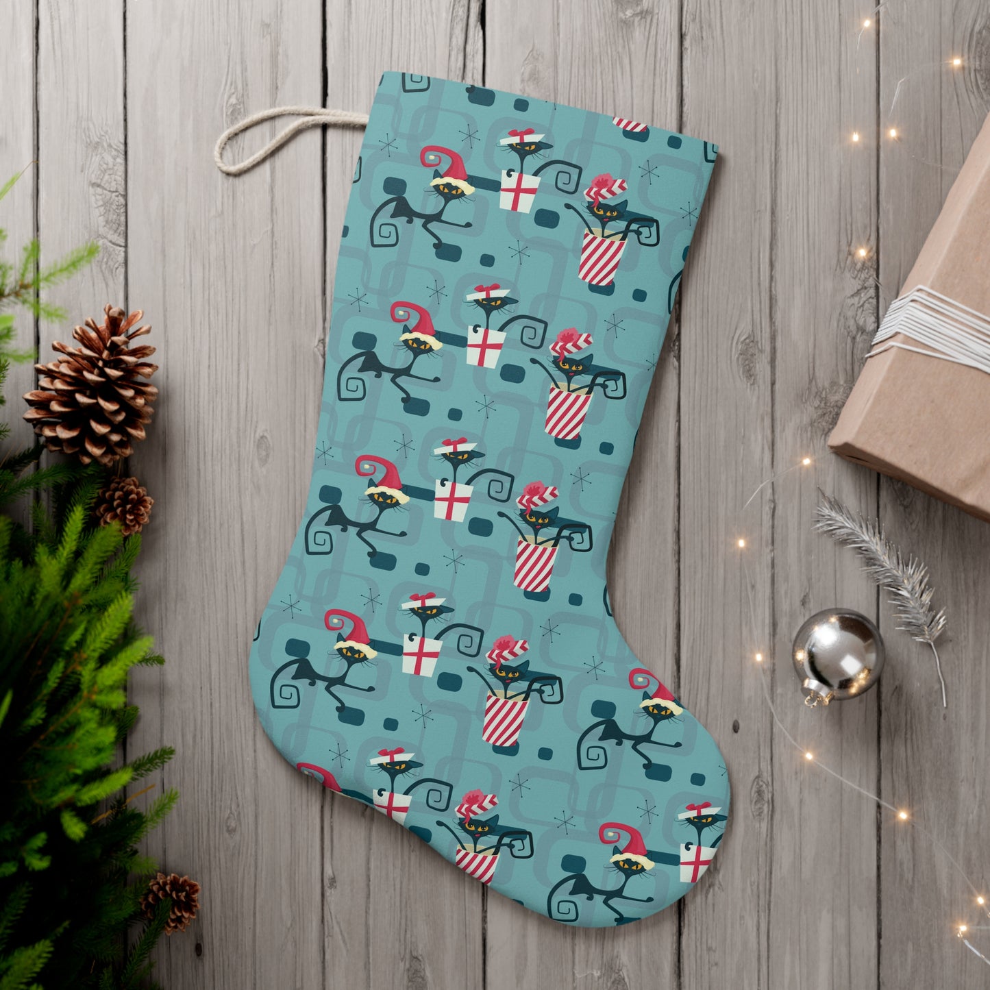 Retro Atomic Black Cat 50's Xmas Mid Century Modern Blue Christmas Stocking