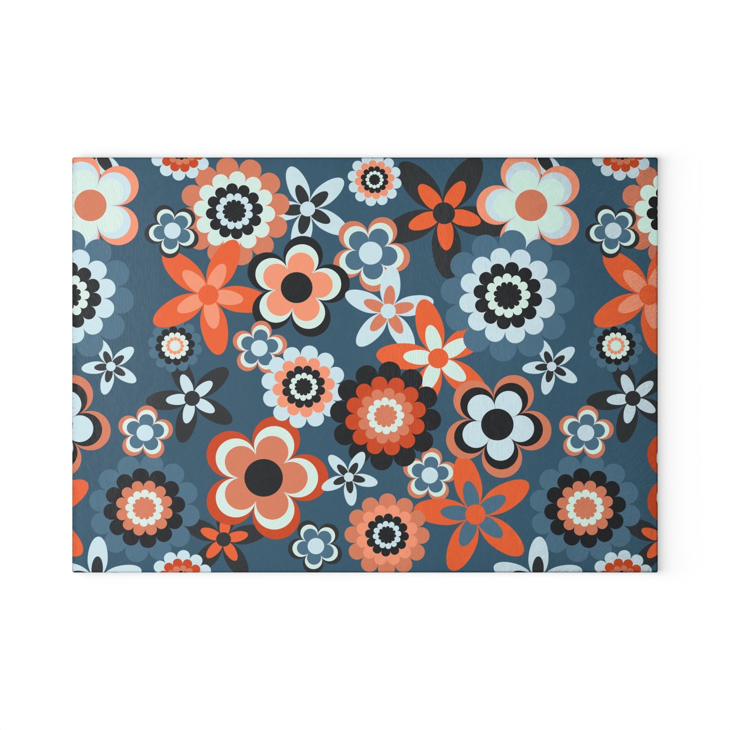 Retro 60s 70s Groovy Flowers Boho MCM Coral & Blue Glass Cutting Board