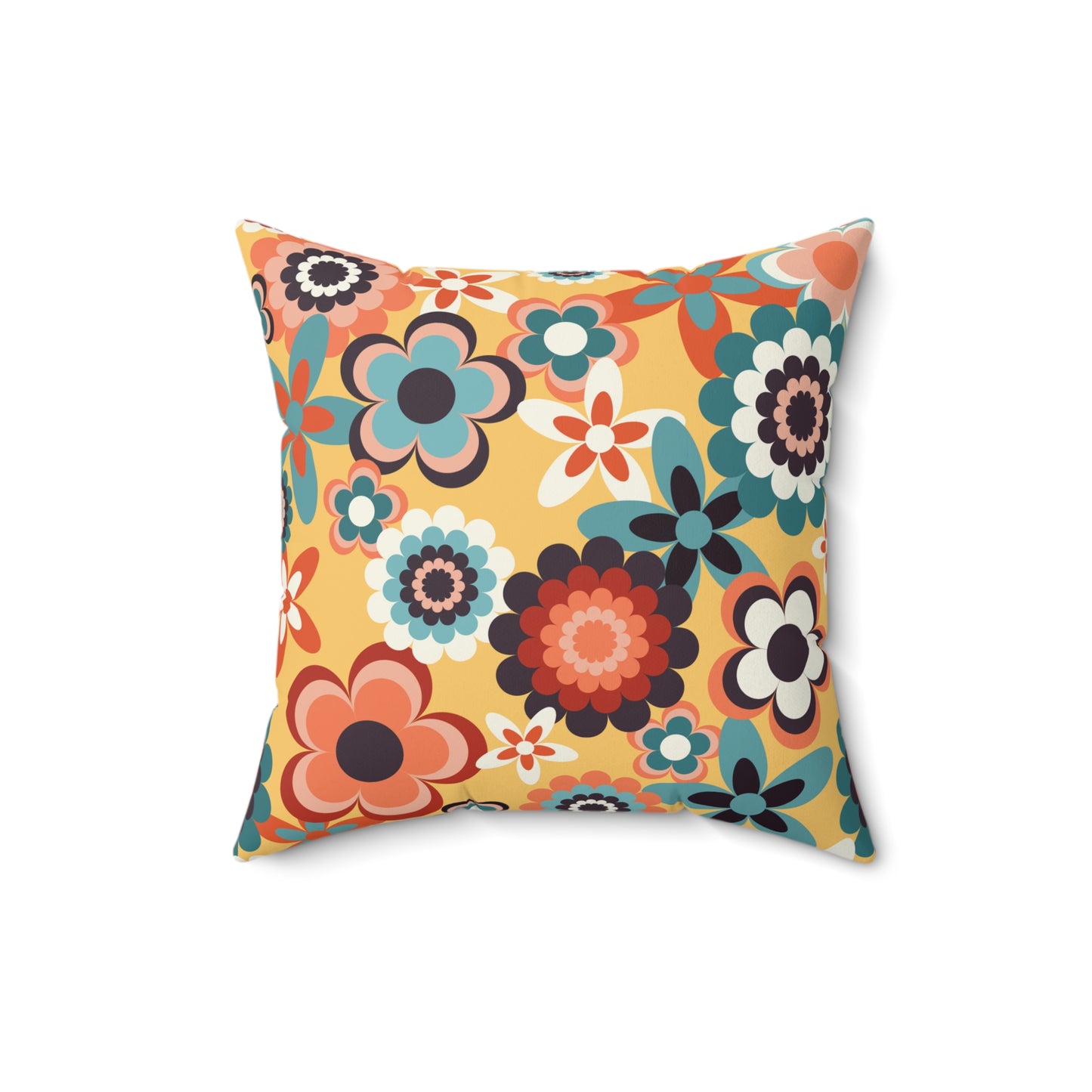 Retro 60s 70s Groovy Flowers Boho Mid Century Mod Yellow, Coral & Blue Throw Pillow