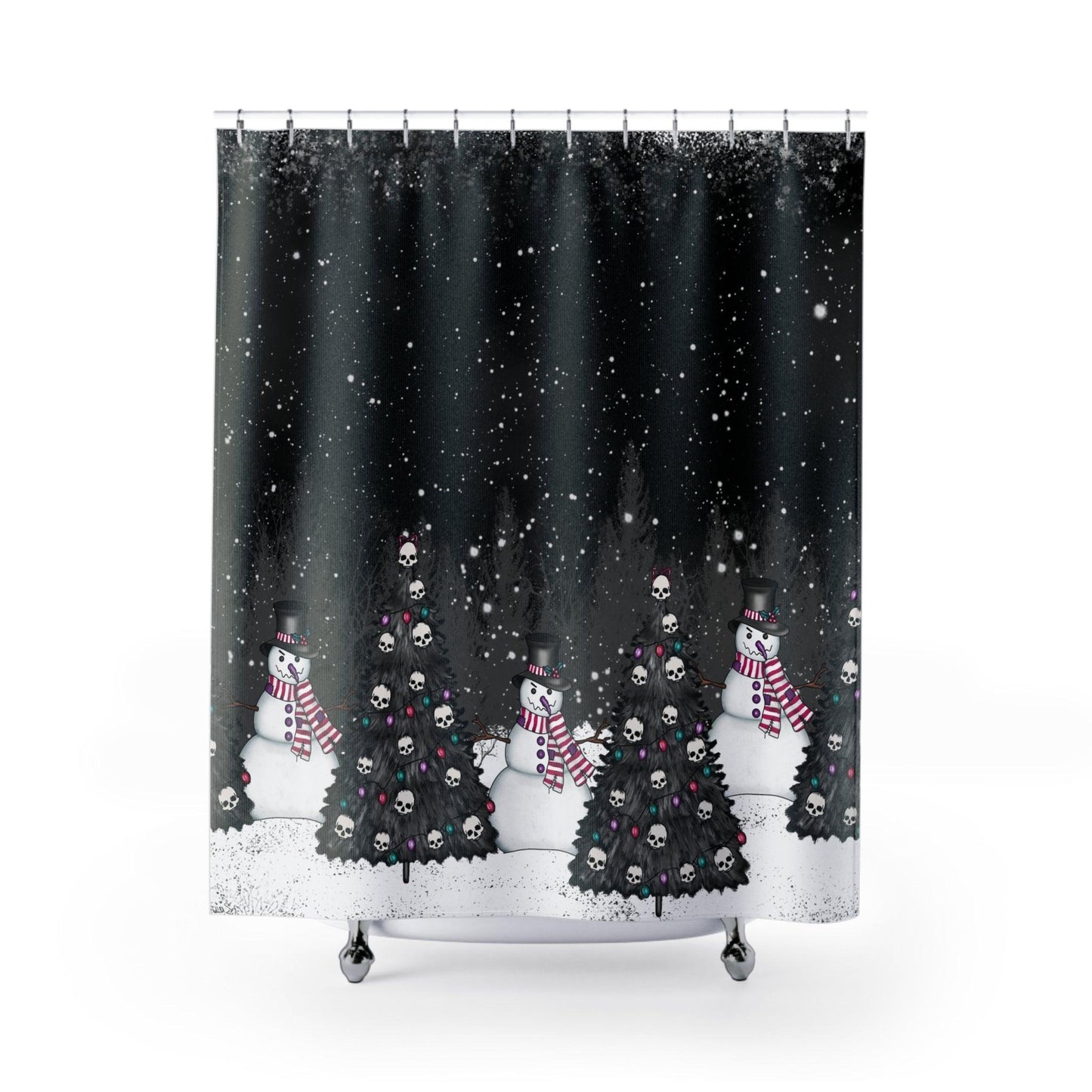 Creepy Snowmen Goth Christmas Tree Farm, Black Shower Curtain | lovevisionkarma.com