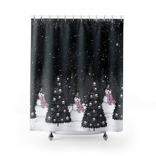 Creepy Snowmen Goth Christmas Tree Farm, Black Shower Curtain