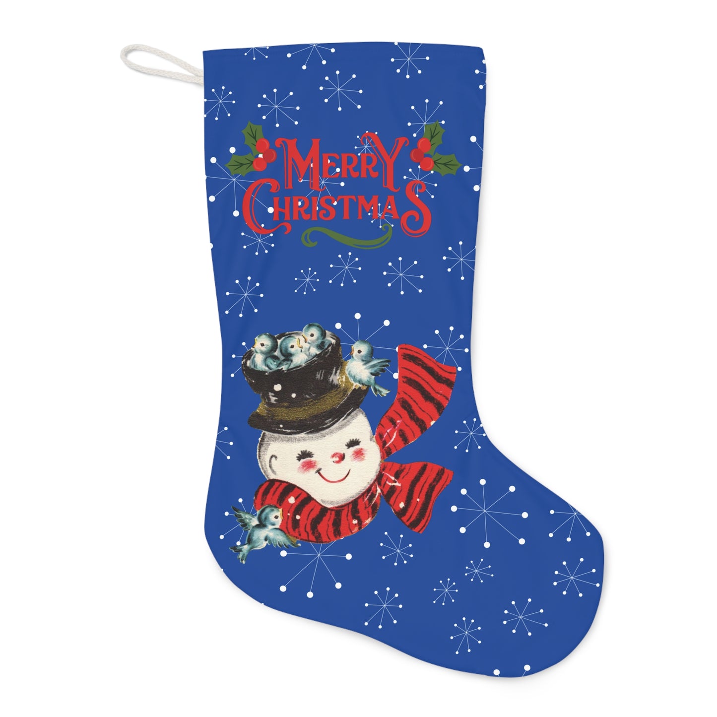 Retro 50s Vintage Snowman with Blue Birds, Atomic Starburst Mid Century Bold Blue Christmas Stocking