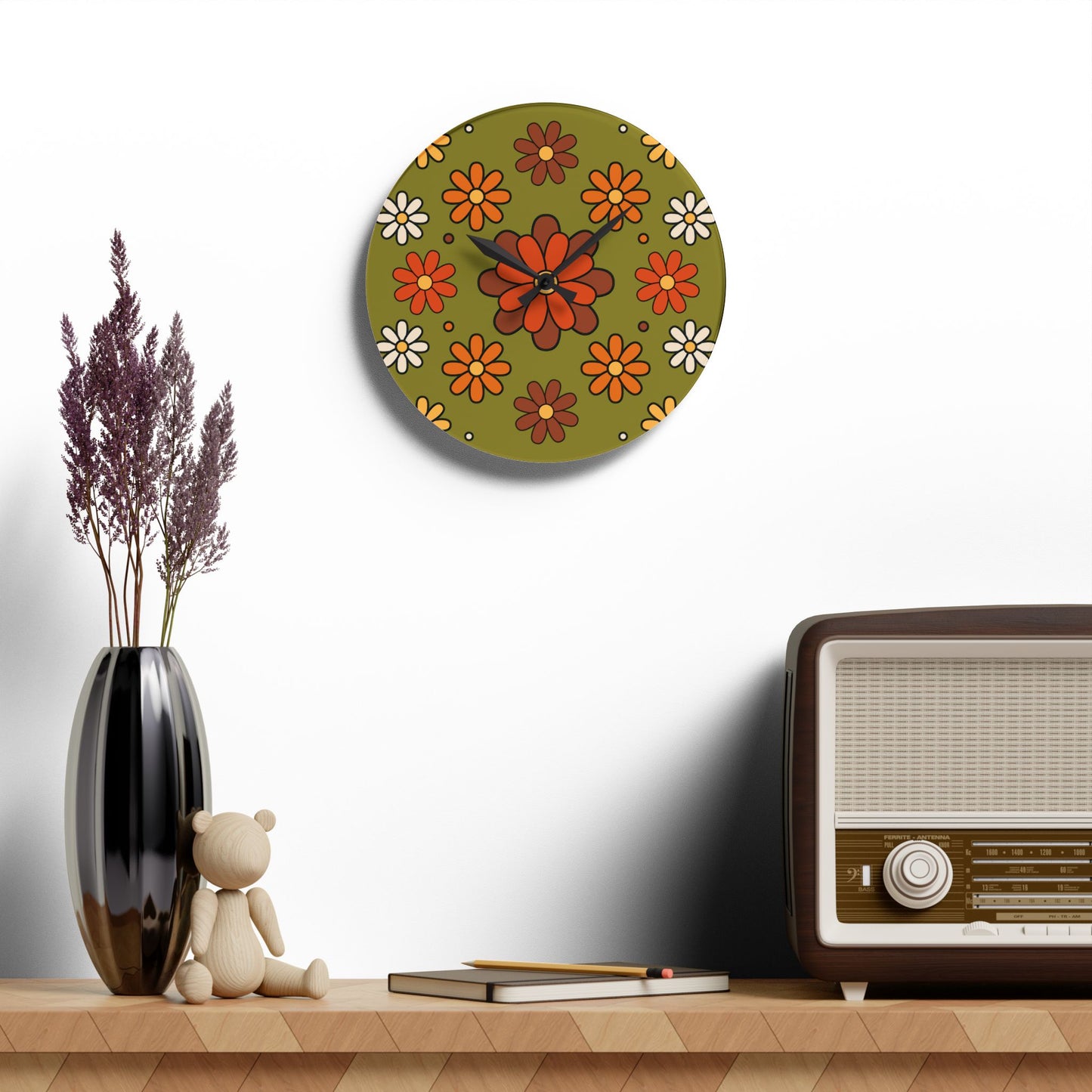 Retro 60s 70s Groovy Mod Daisy Floral Mid Century Green & Orange Acrylic Wall Clock