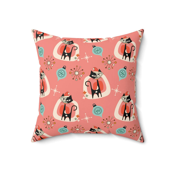 Retro 1950s Christmas Atomic Cats Mid Century Mod Pink Coral Throw Pillow | lovevisionkarma.com