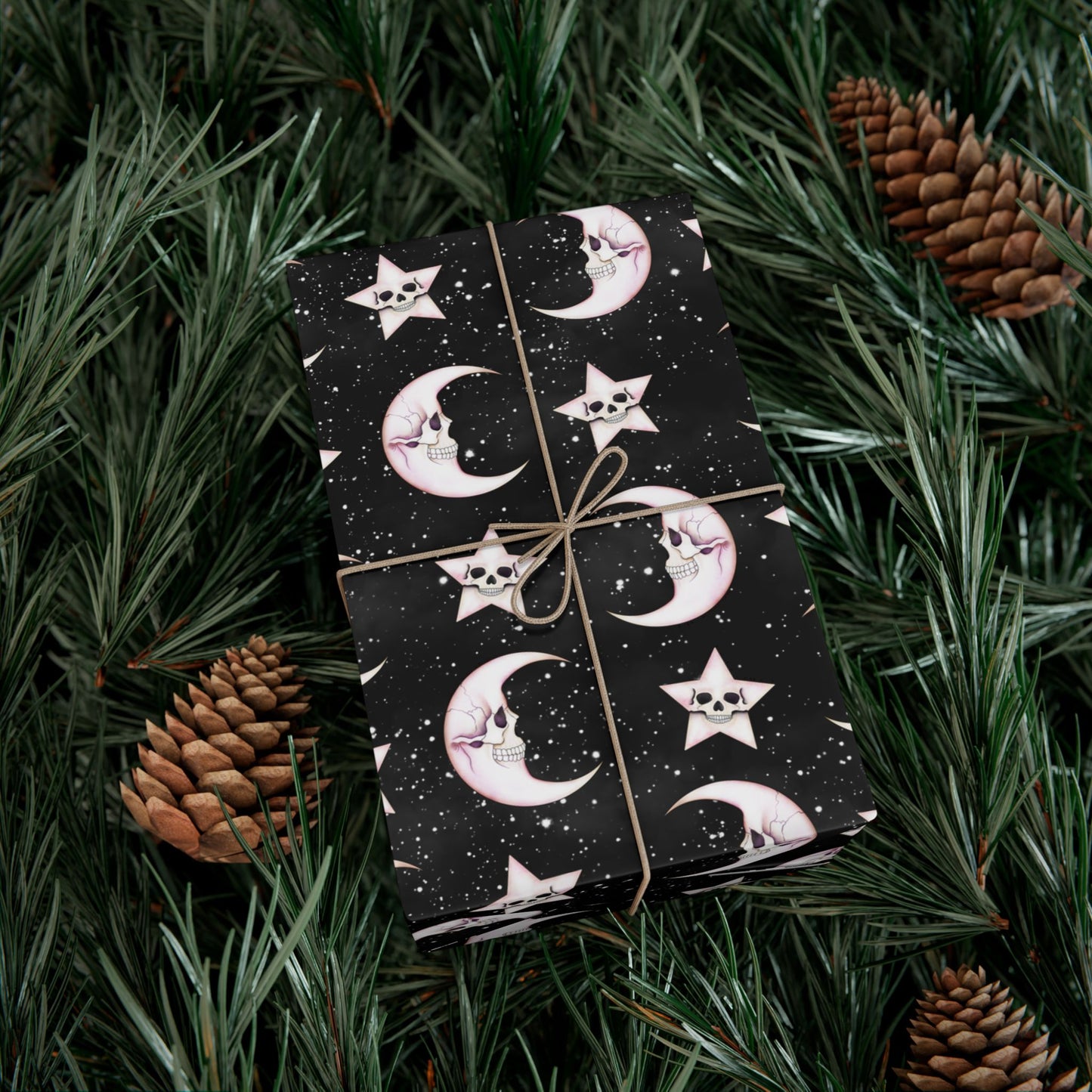 Goth Christmas Celestial Moon & Stars, Whimsical Kawaii Creepmas Black Eco-Friendly Gift Wrap