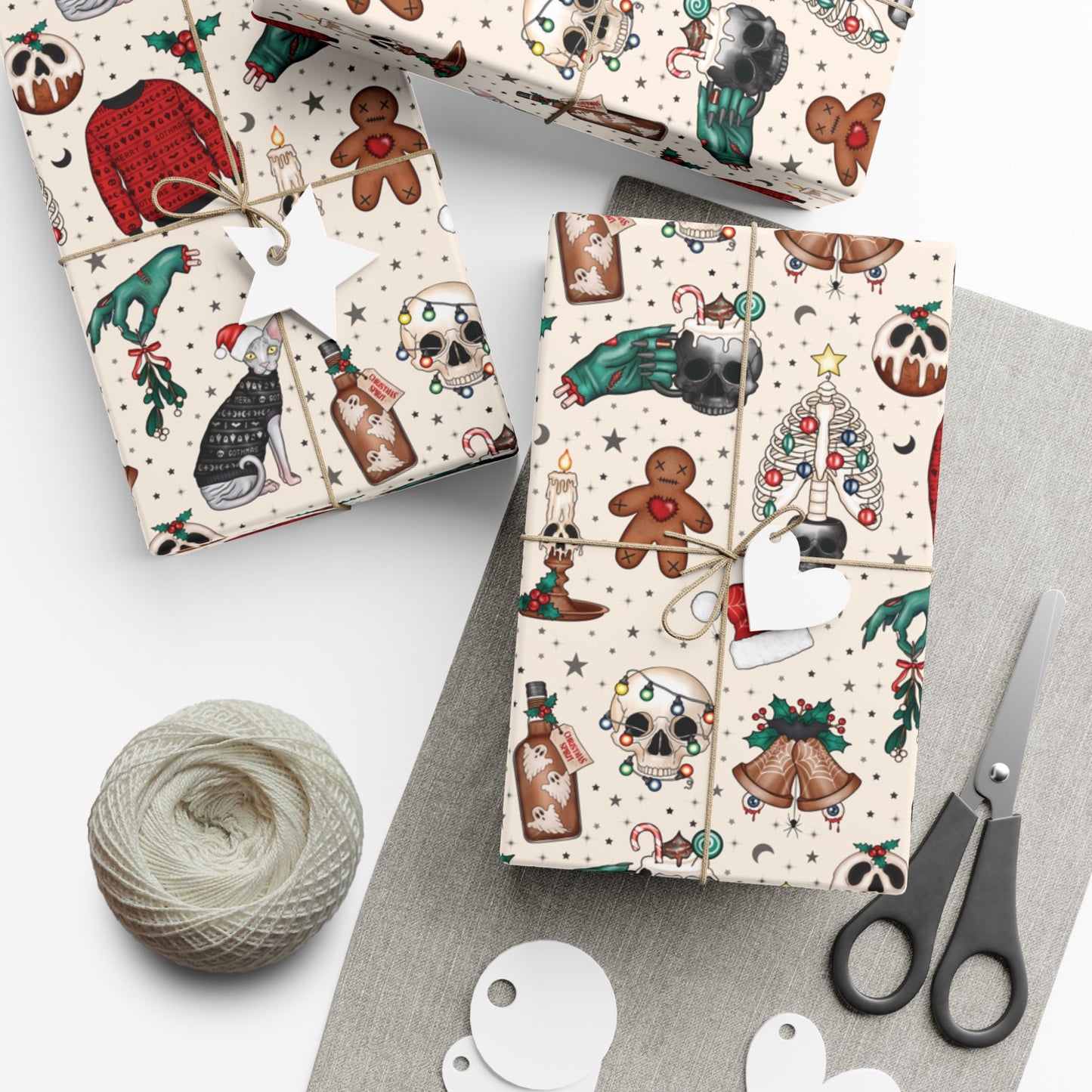 Goth Christmas Kitsch Skulls, Cats & Zombie Hands Multicolor Eco-Friendly Gift Wrap Paper