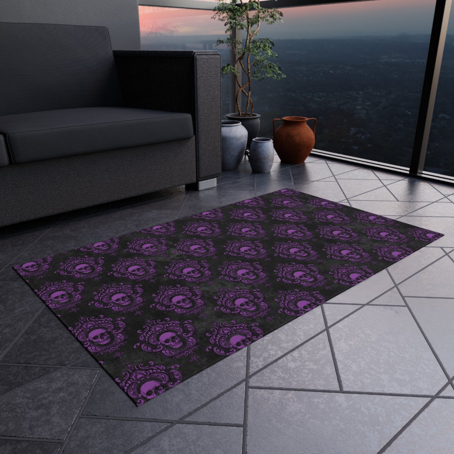 Gothic Purple Skulls, Victorian Glam Goth, Dark Academia Anti-Slip Indoor/Outdoor Accent Rug