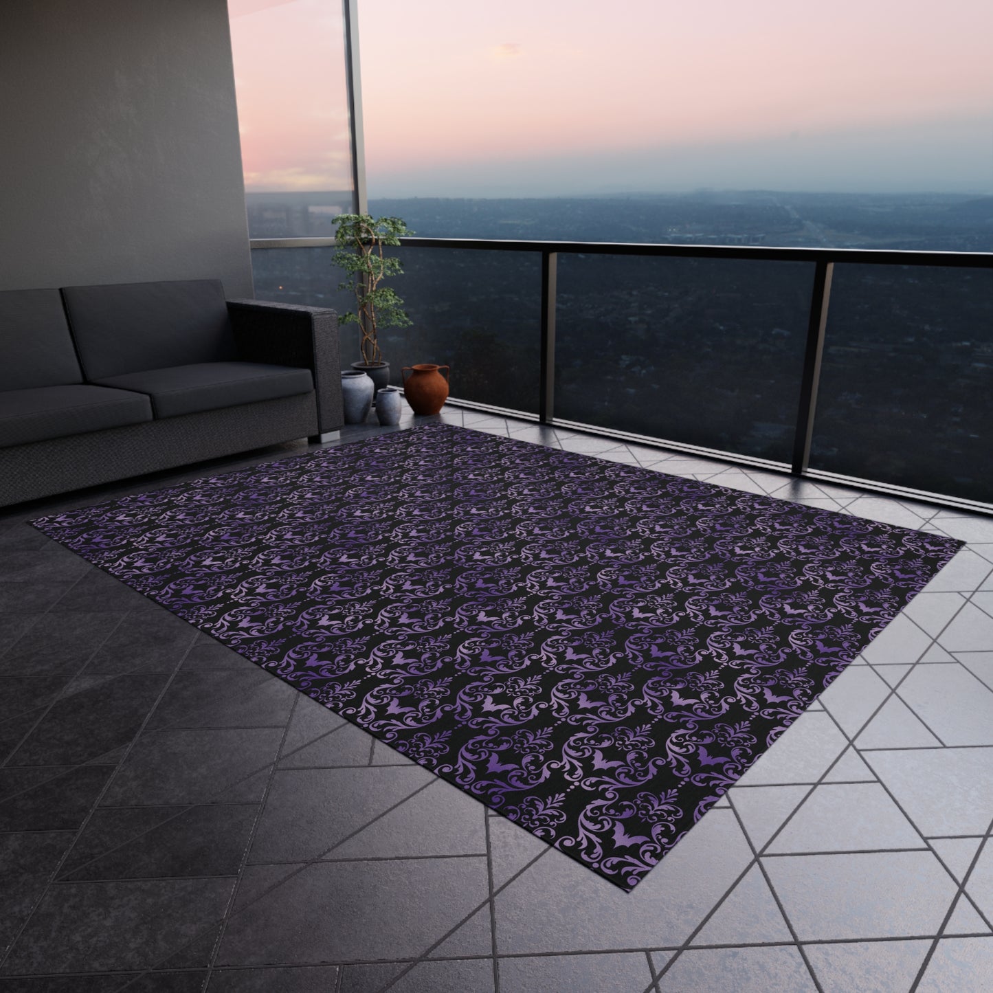 Victorian Goth Inspired Bat Damask Dark Academia Glam Goth Purple & Black Anti-Slip Accent Rug