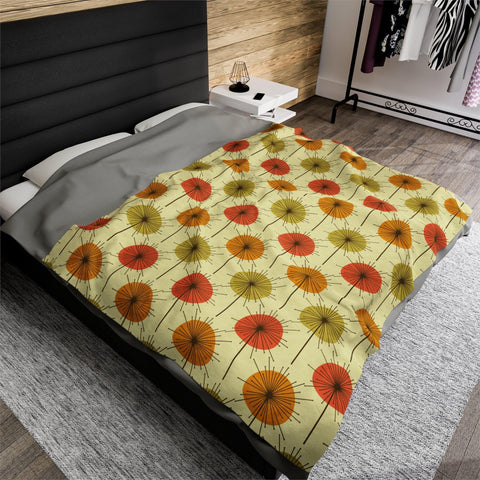 Retro Mid Century Mod Dandelion Yellow, Orange & Green Velveteen Lightweight Blanket