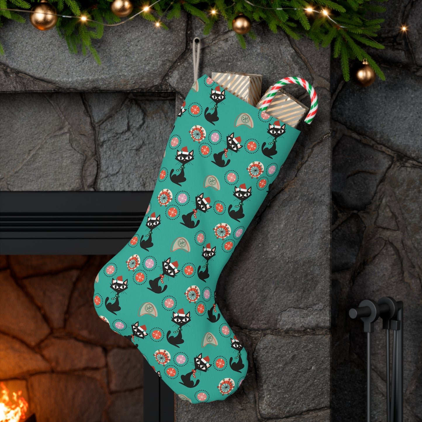 Retro 50s Christmas Atomic Cat Mid Century Modern Teal Blue Stocking