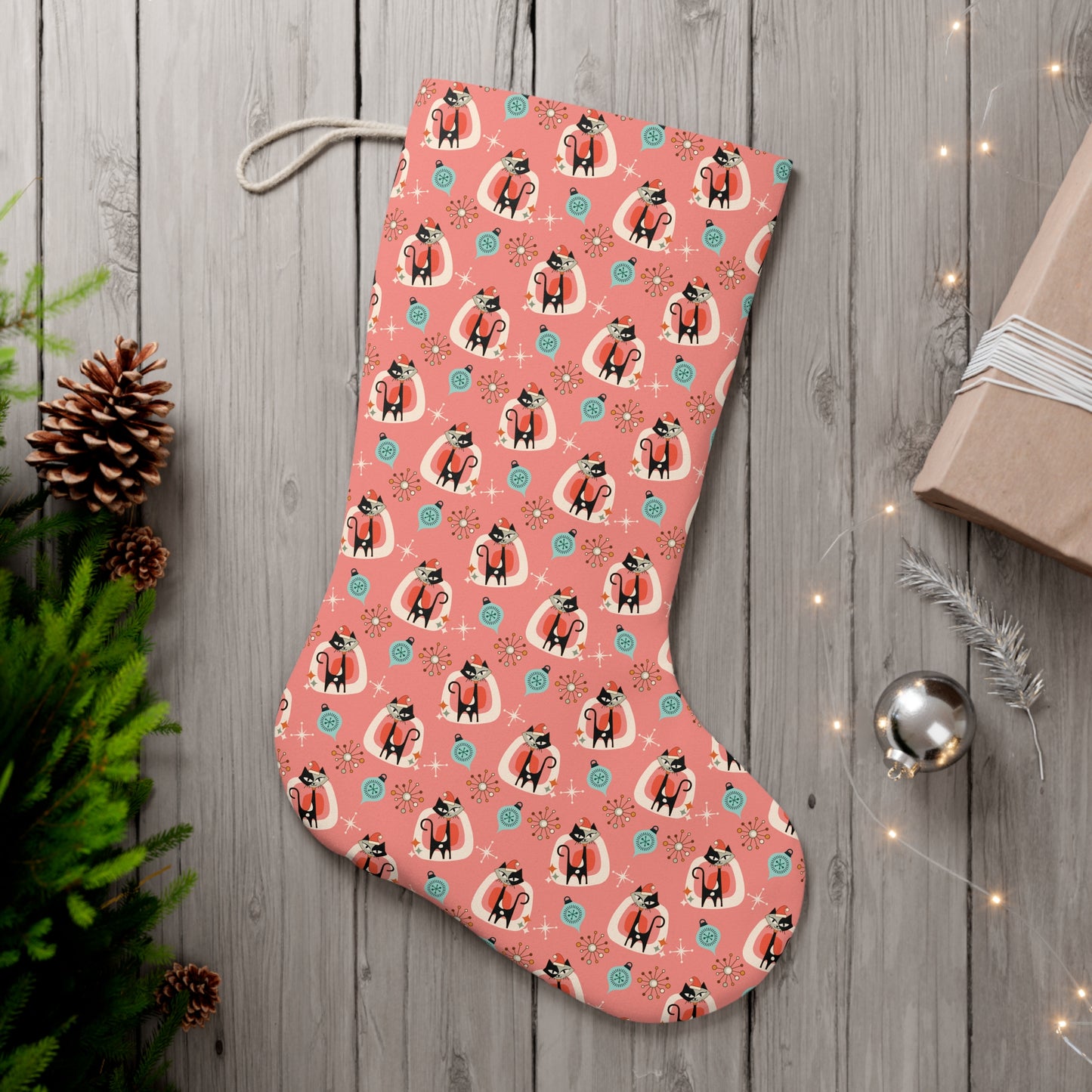 Retro 50s Atomic Cats Mid Century Mod Coral Pink Christmas Stocking