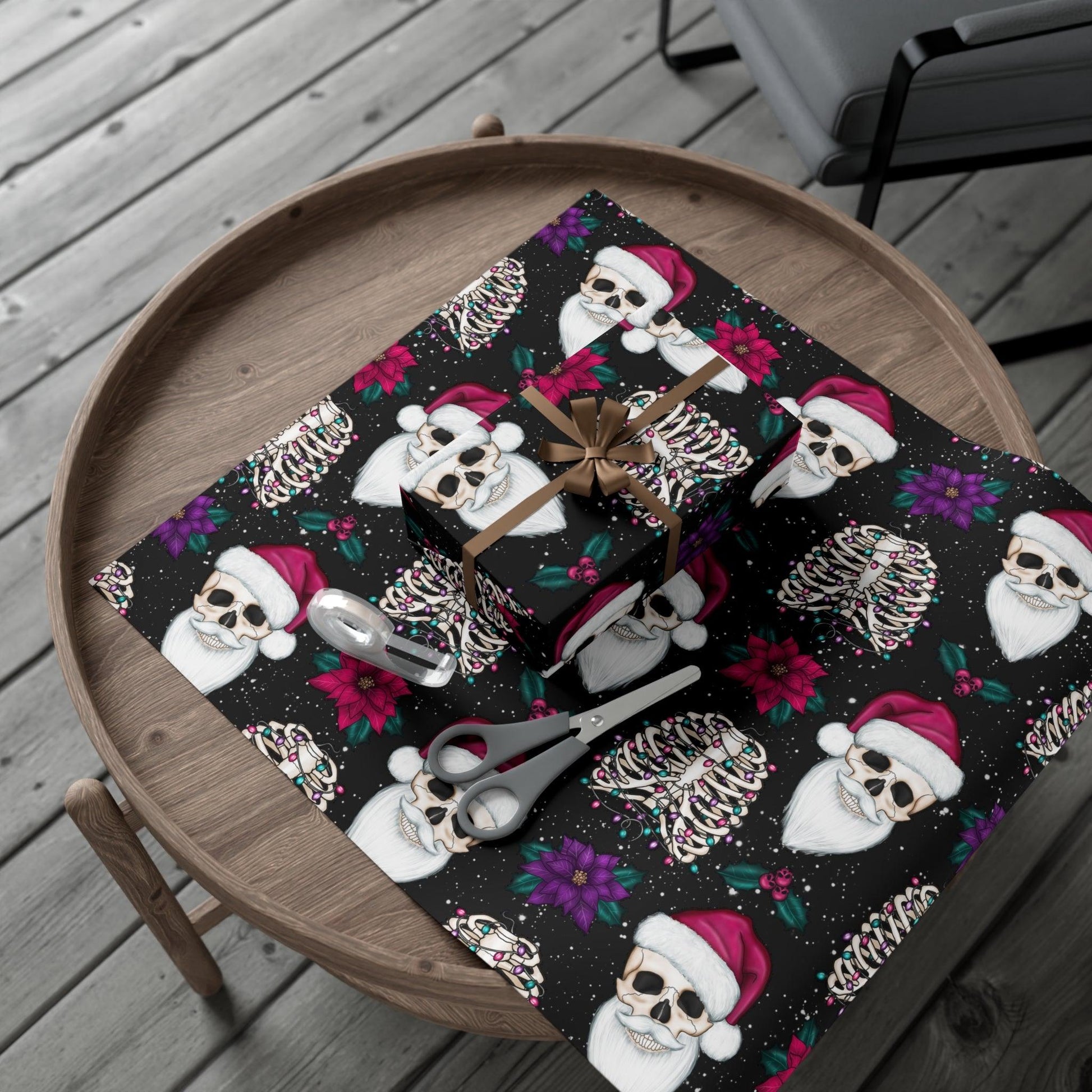 Santa Skull Goth Christmas Eco-Friendly Black Wrapping Paper, Kitschy Creepmas Whimsigoth | lovevisionkarma.com