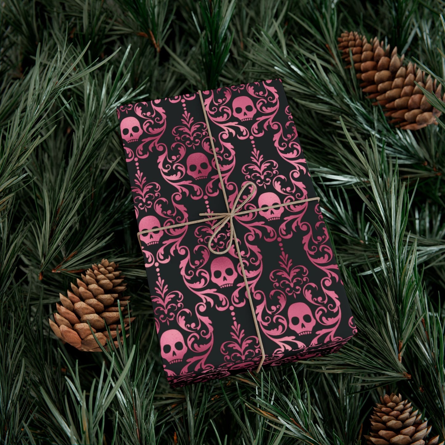 Pink Damask Skulls, Victorian Goth, Dark Academia, Goth Christmas & Creepmas Glam Black Eco-Friendly Gift Wrap Paper
