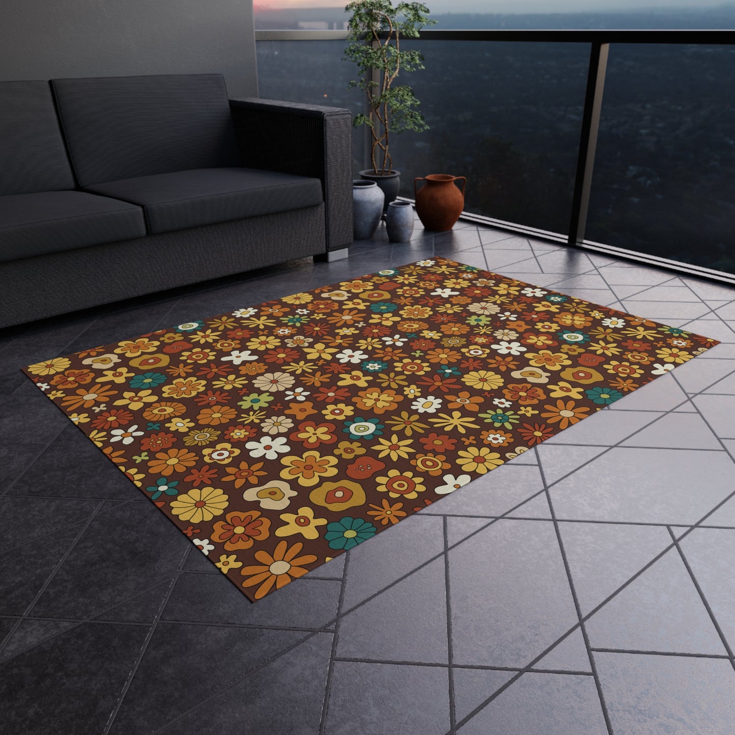 Retro 60s 70s Groovy Floral Mid Century Modern Brown Boho Anti-Slip Indoor/Outdoor Rug