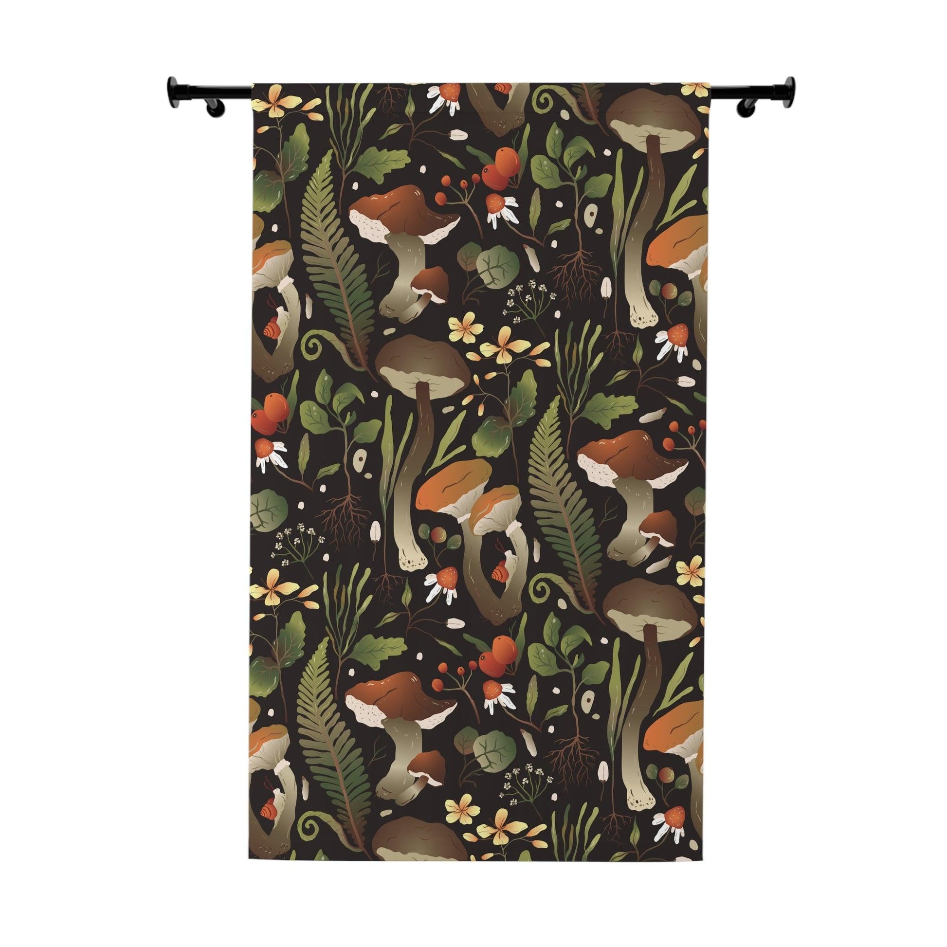 Mushroom Cottagecore Enchanted Forest Green, Black & Orange Blackout Window Curtain | lovevisionkarma.com