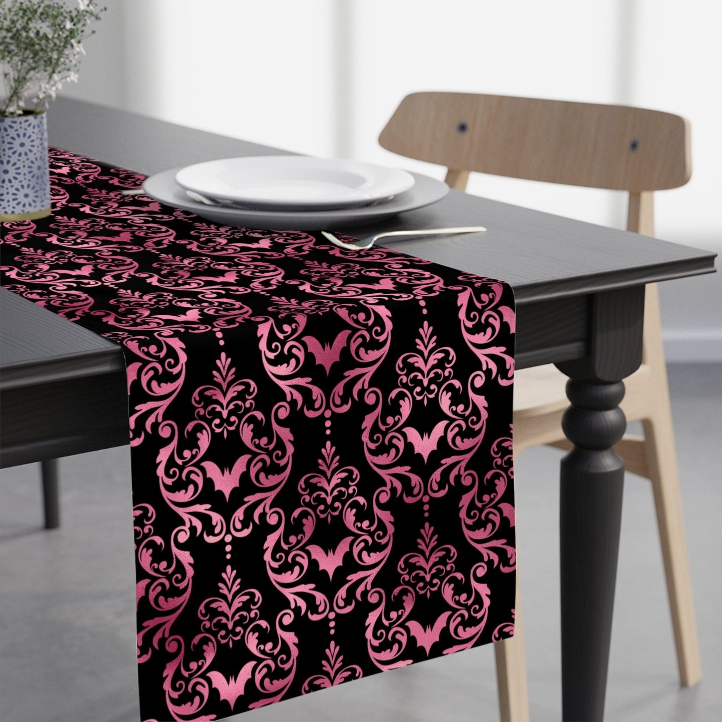 Goth Pink Bats Damask Halloween Glam Goth Black Table Runner | lovevisionkarma.com