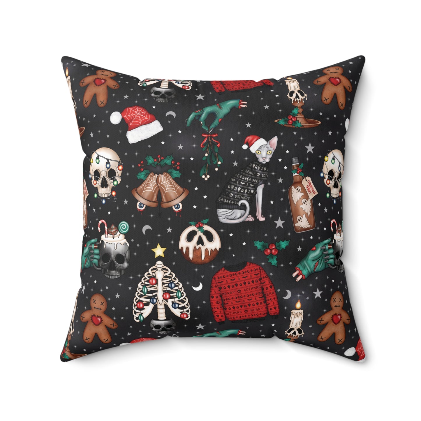 Kitschy Kawaii Goth Christmas, Creepy Cute Whimsigoth Black Creepmas Accent Pillow