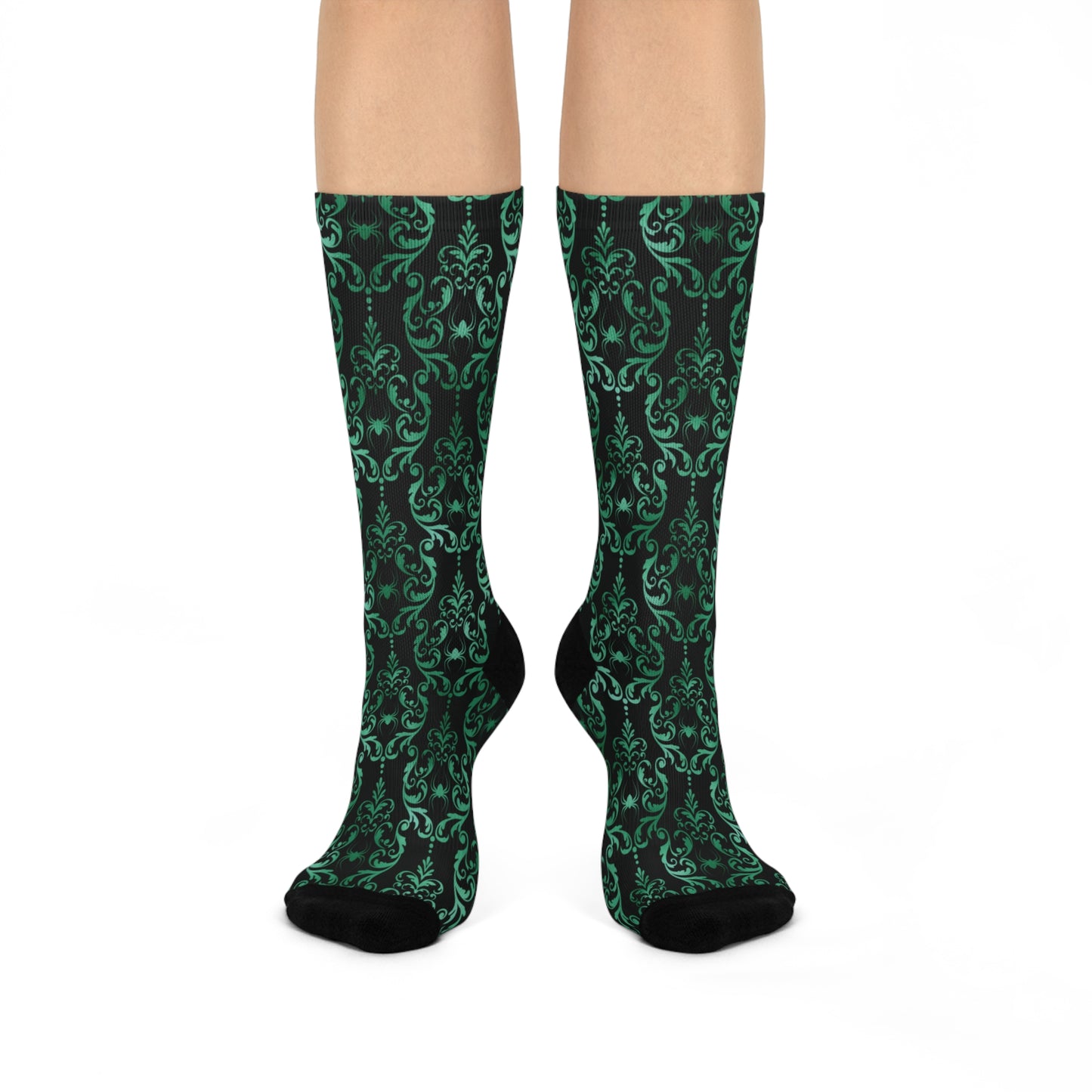 Dark Academia Damask Spider, Victorian Goth Inspired Green & Black Glam Goth Cushioned Crew Socks