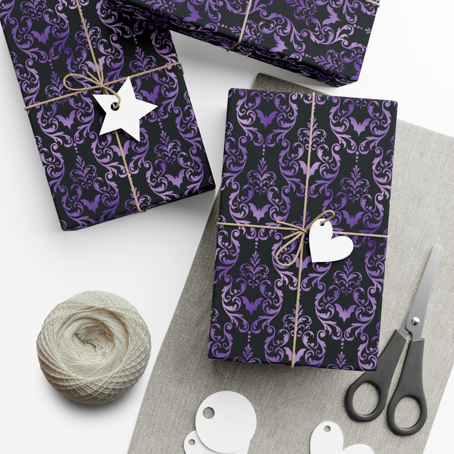 Purple Damask Bats, Victorian Goth Inspired, Dark Academia Goth Christmas & Creepmas Glam Goth Black Gift Wrap Paper