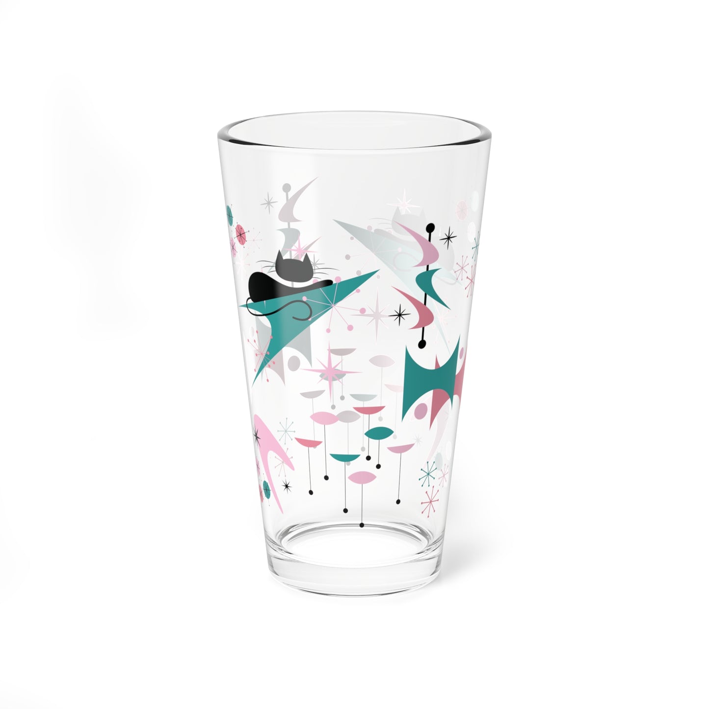 Retro 50s Atomic Black Cat, Boomerang & Starburst MCM Pink & Teal-Green 16 oz Pint Glass