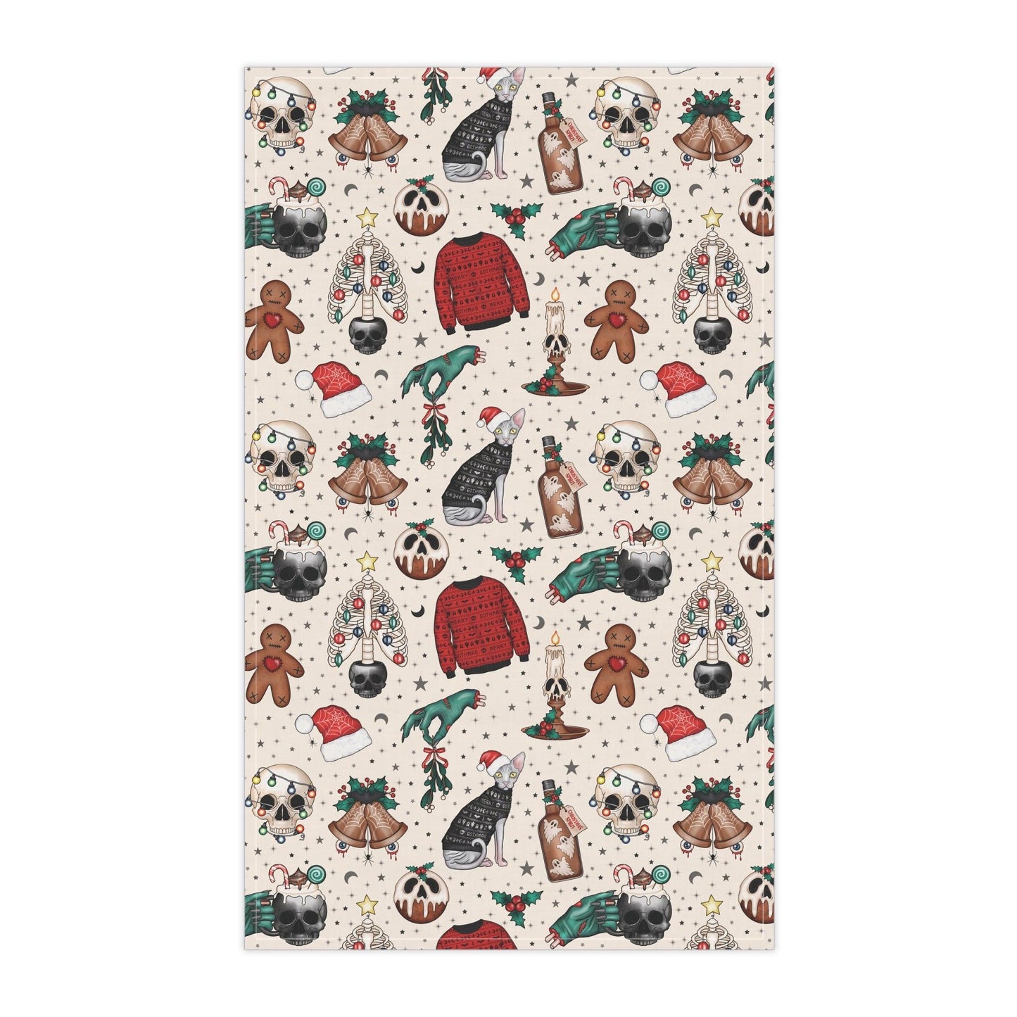 Goth Christmas Kitschy Skulls, Zombie Hands, Cats Creepmas Multicolor Kitchen Tea Towel | lovevisionkarma.com