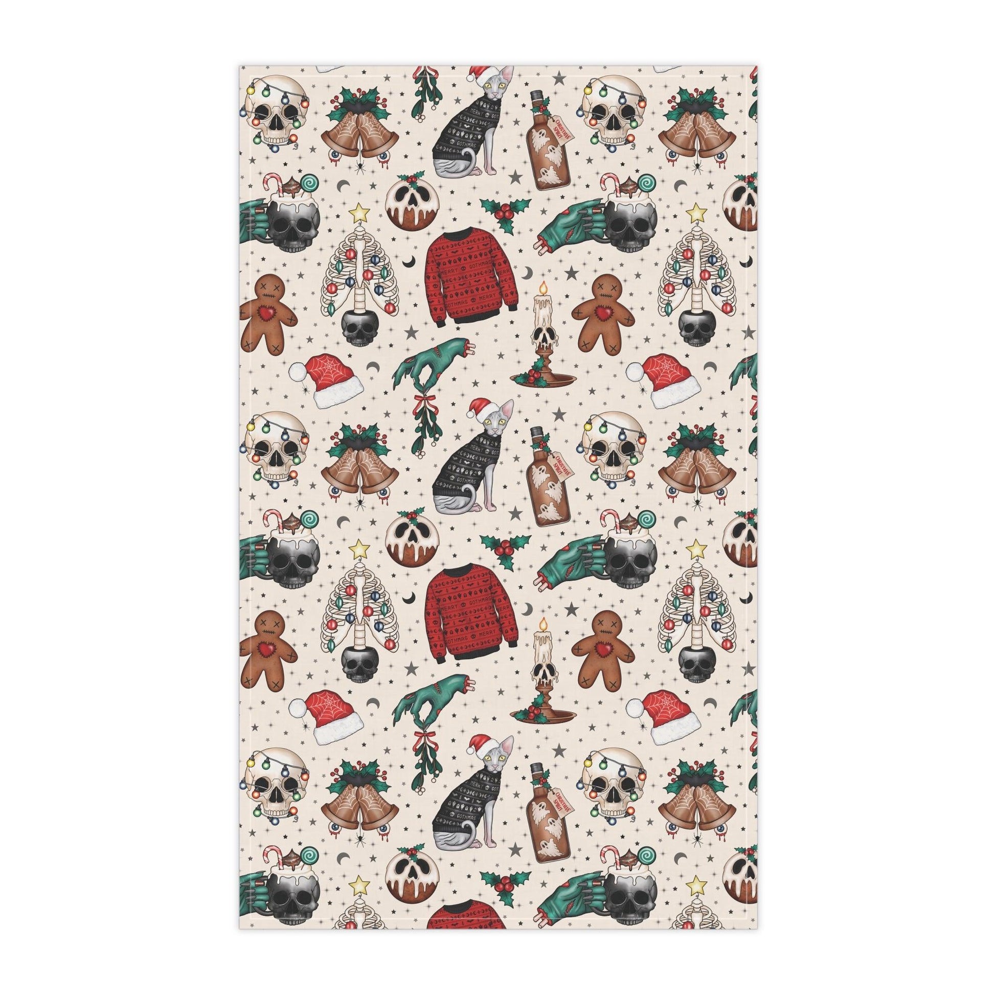 Goth Christmas Kitschy Skulls, Zombie Hands, Cats Creepmas Multicolor Kitchen Tea Towel | lovevisionkarma.com