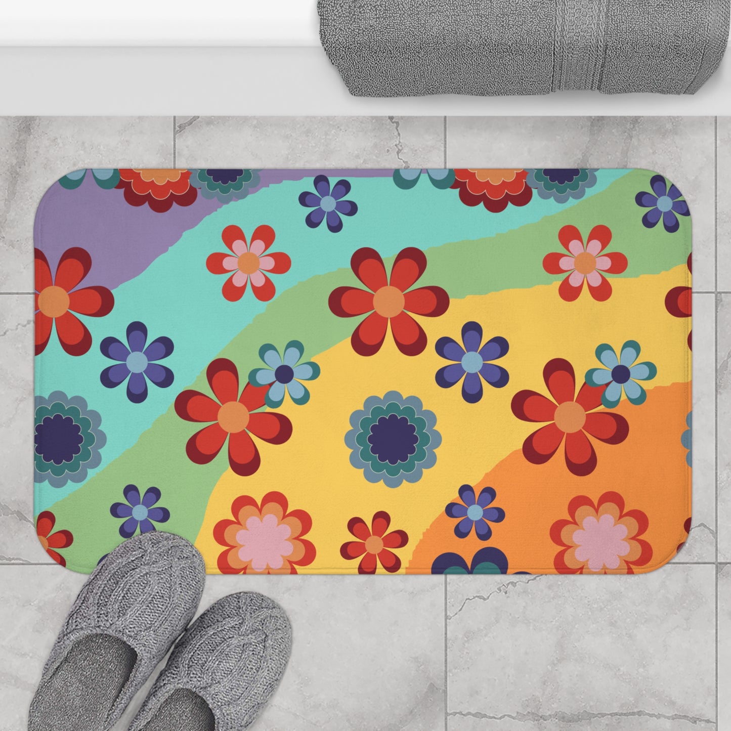 Groovy Hippie Flowers Colorful Boho MCM Bath Mat