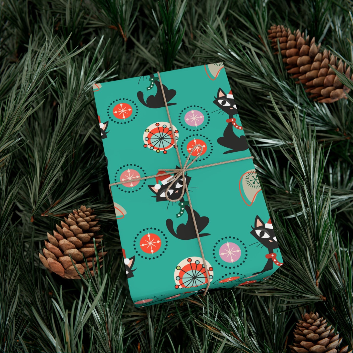 Retro 50's Atomic Cat Christmas Kitschy Mid Century Modern Teal Blue Eco-Friendly Wrapping Paper
