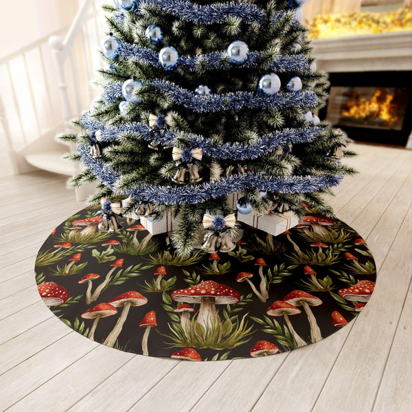 Amanita Mushroom Enchanted Forest Christmas, Watercolor Style Witchy Cottagecore Black Tree Skirt | lovevisionkarma.com