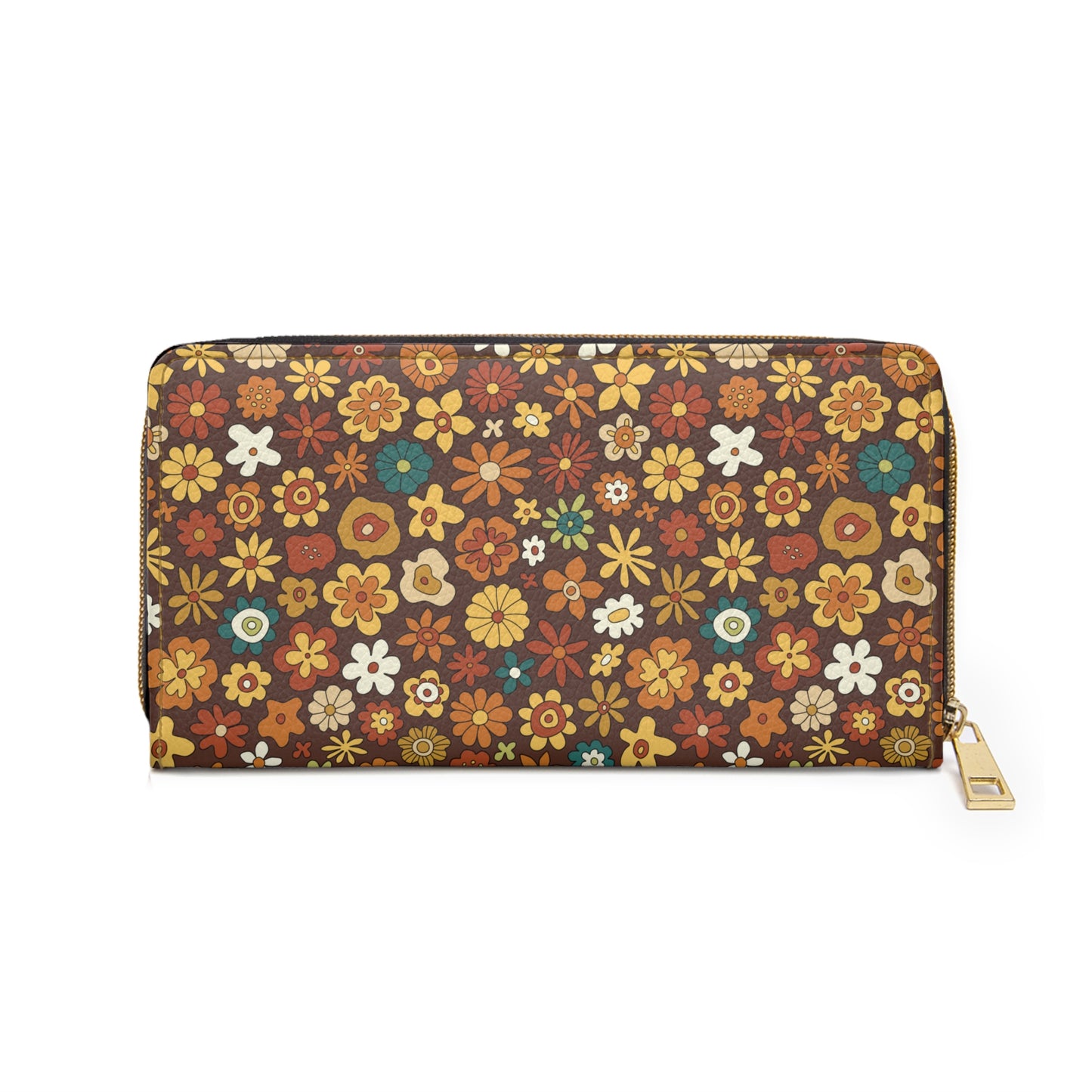 Retro 60s 70s Groovy Floral Mid Century Modern Boho Brown Zipper Wallet