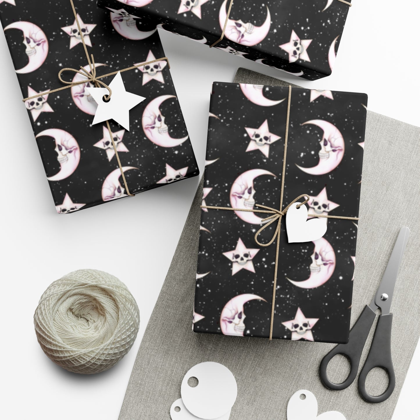 Goth Christmas Celestial Moon & Stars, Whimsical Kawaii Creepmas Black Eco-Friendly Gift Wrap