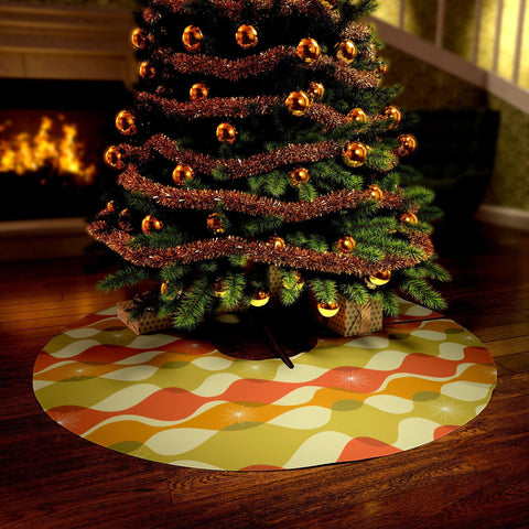 Retro Groovy Mid Century Mod Abstract Green, Orange & Mustard Christmas Tree Skirt