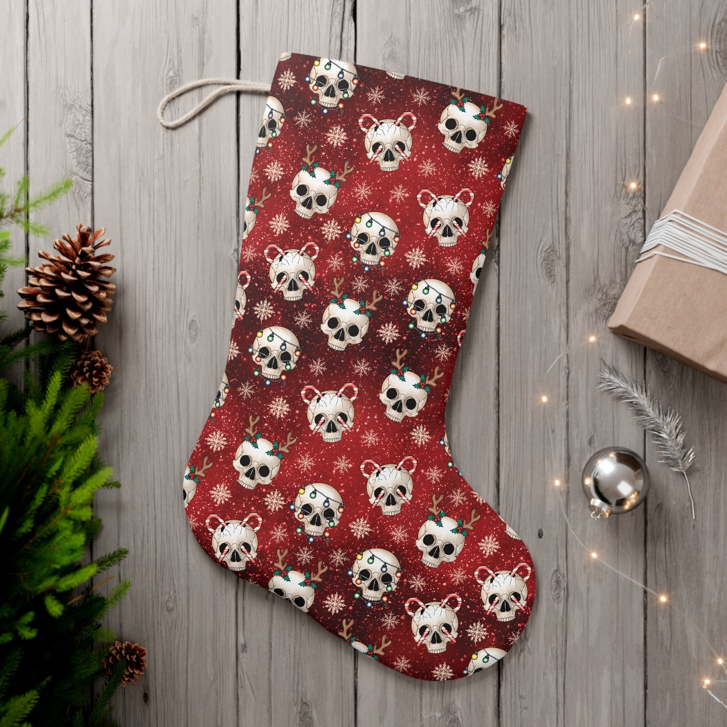 Goth Christmas Festive Skulls, Kitschy Creepmas Red Gothmas Holiday Stocking