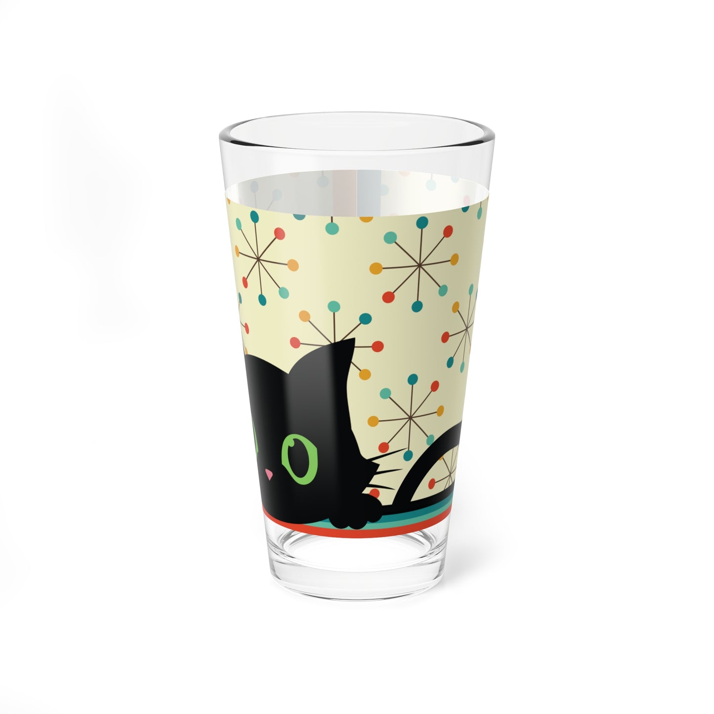 Retro 50s Atomic Black Cat and Starbursts Mid Century Mod Multicolor Pint Glass