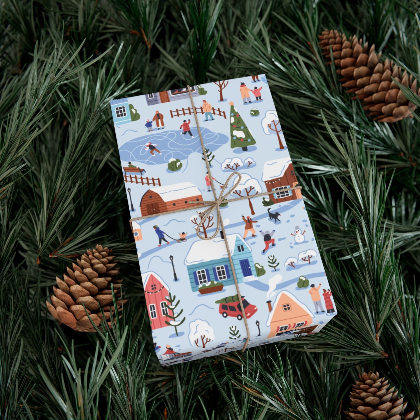 Small Town Christmas Village, Retro Vintage Winter Scene, Multicolor Eco-Friendly Gift Wrap