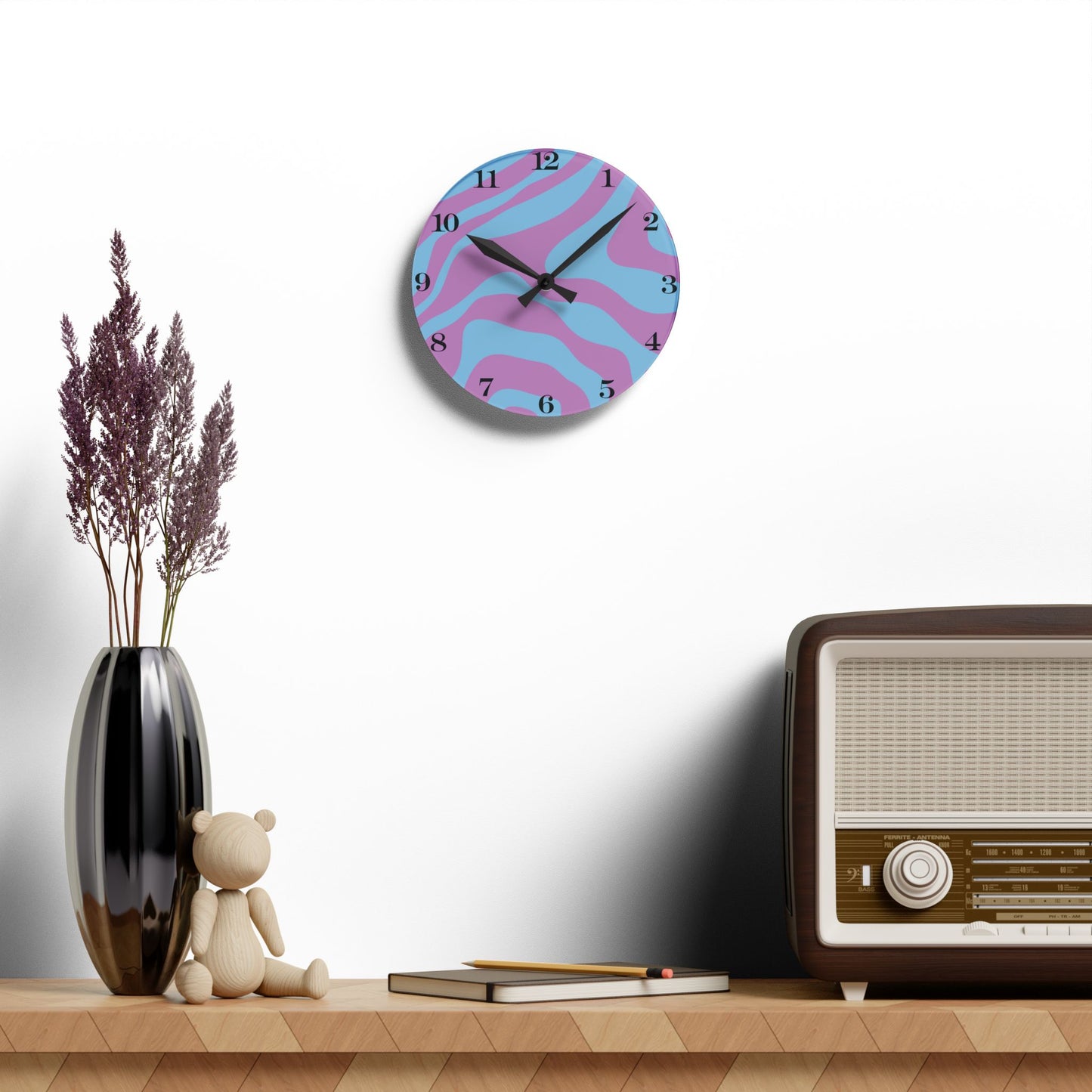 Retro Y2K Psychedelic Groovy Swirl Blue & Purple Mid Century Mod Acrylic Wall Clock