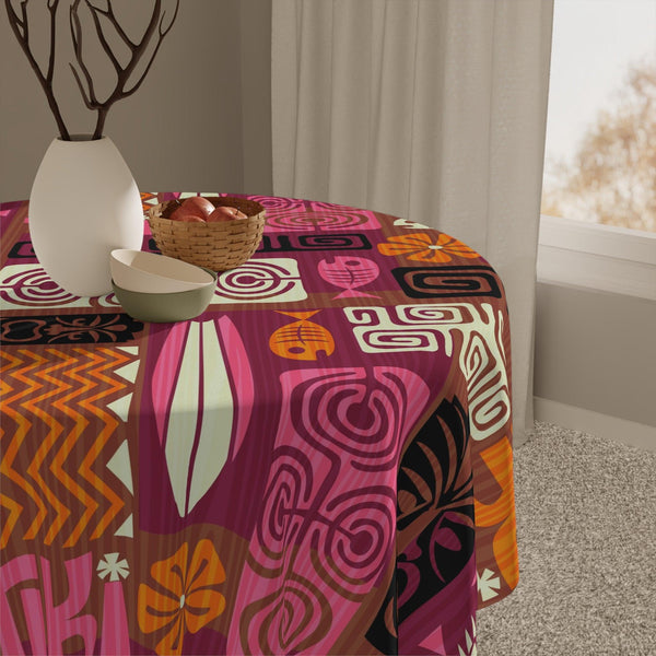 Tiki Retro 60s Mid Century Modern Orange, Brown & Pink Tablecloth | lovevisionkarma.com