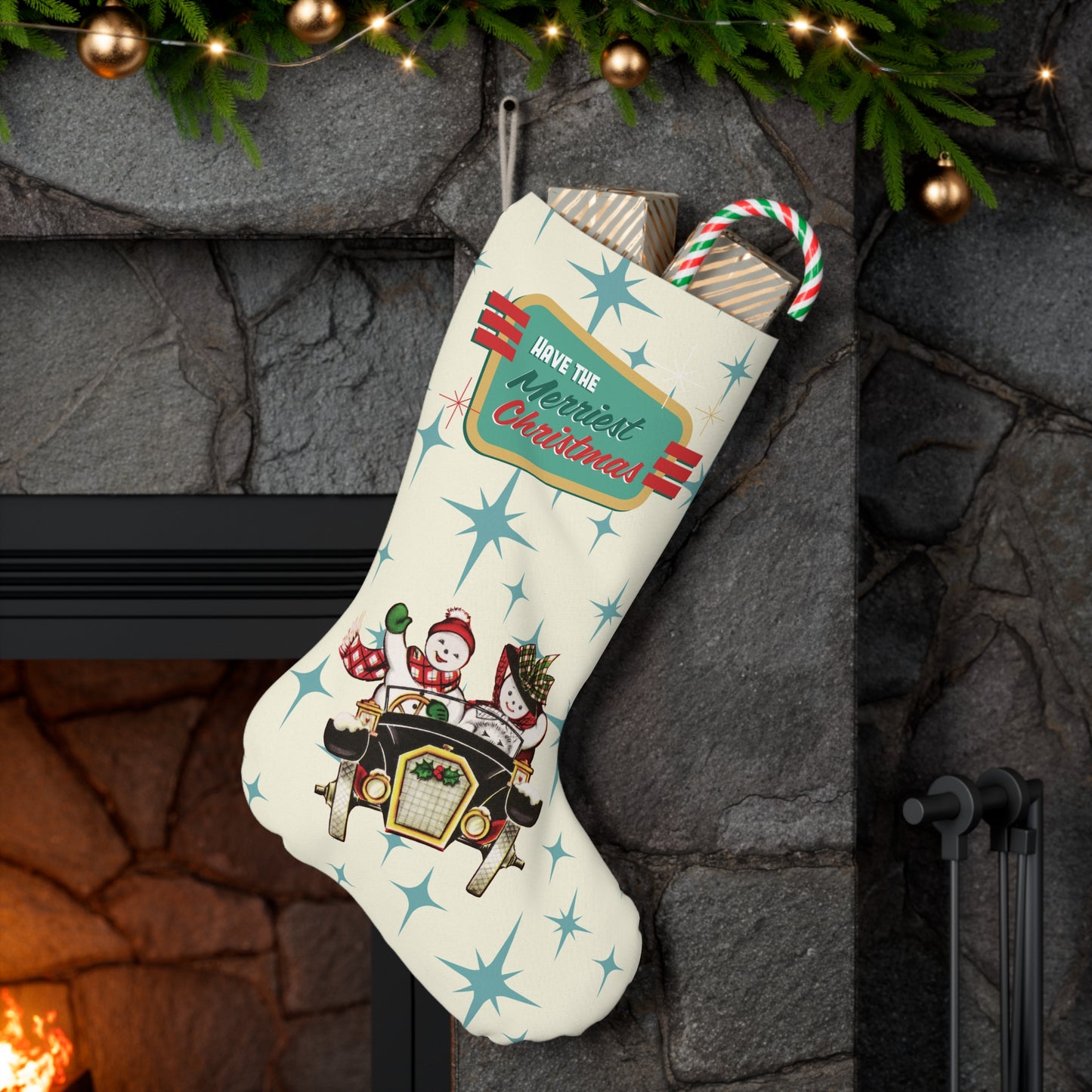 Retro 50s Vintage Snowman Couple, Atomic Starburst Mid Century Cream & Blue Christmas Stocking