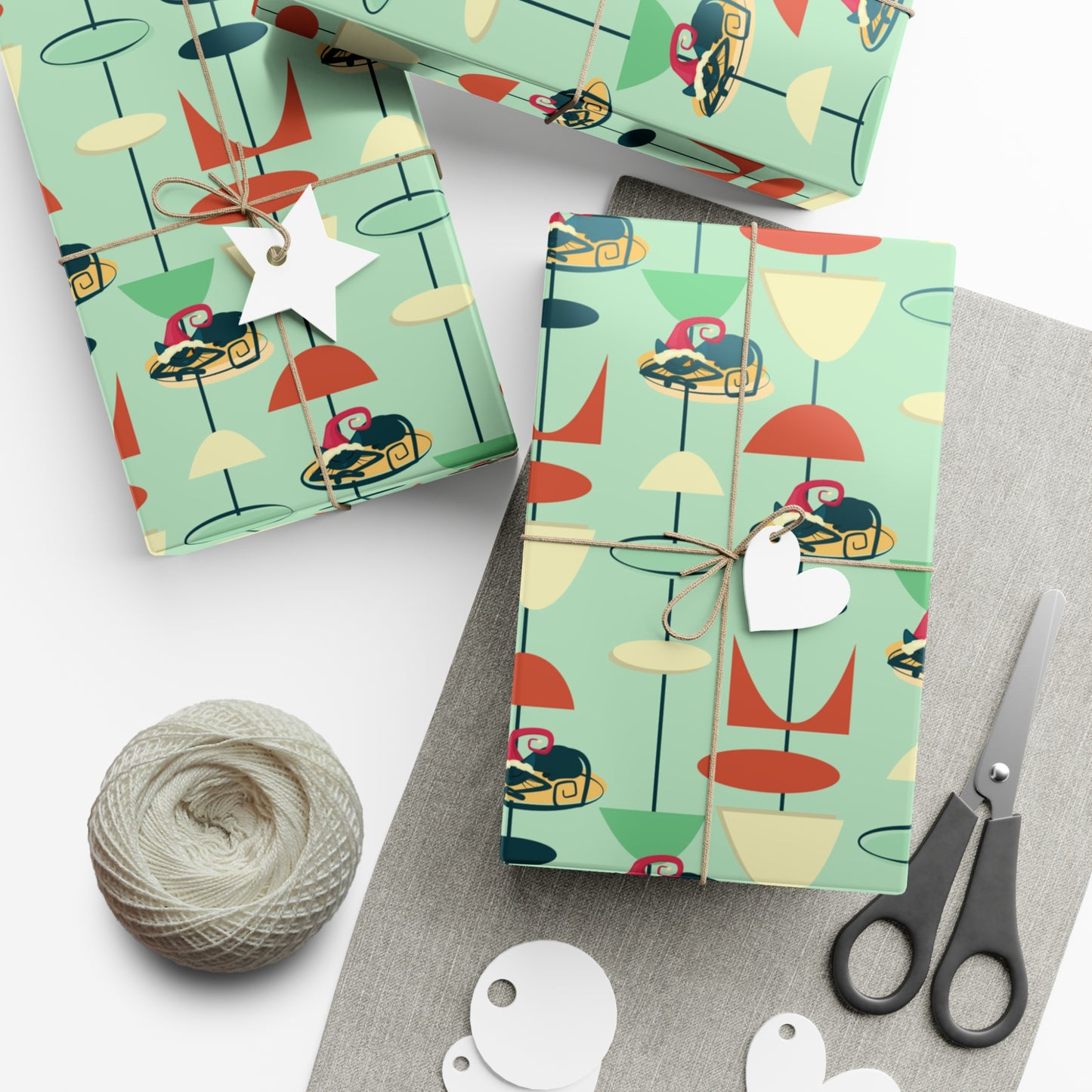 Retro 50's Atomic Cat Christmas Kitschy Mid Century Modern Green Eco-Friendly Wrapping Paper