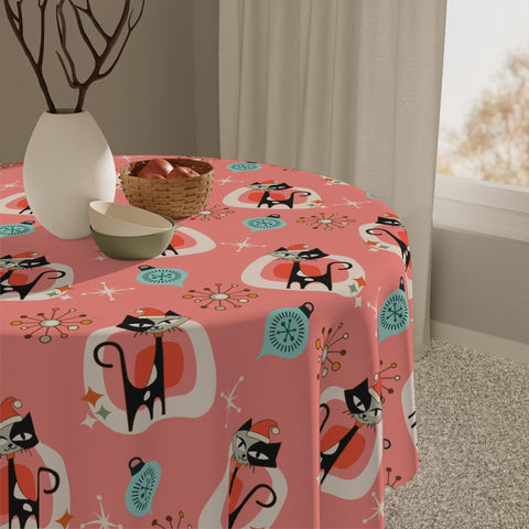 Retro 1950s Christmas Atomic Cat Mid Century Mod Coral Pink Holiday Tablecloth | lovevisionkarma.com