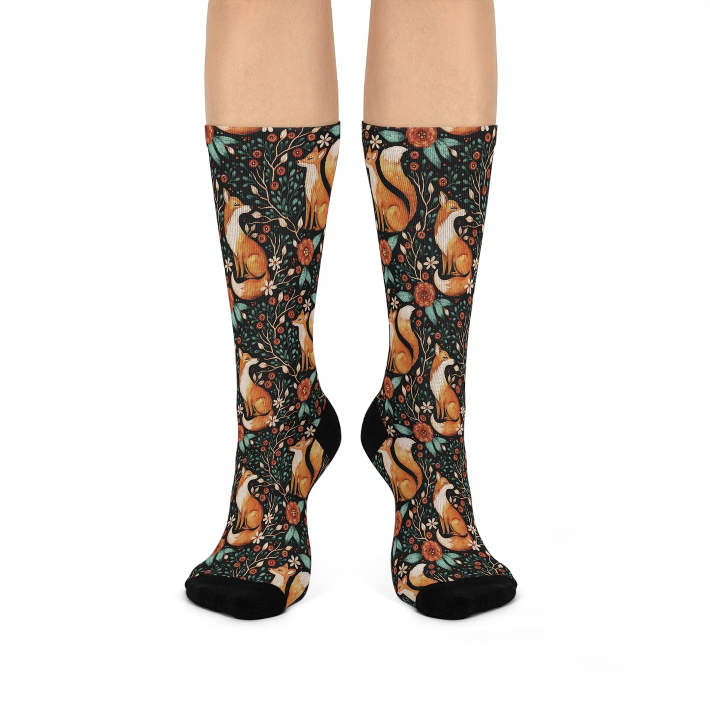 Enchanted Woodland Fox, Dark Cottagecore Black, Orange and Green Cushioned Unisex Crew Socks