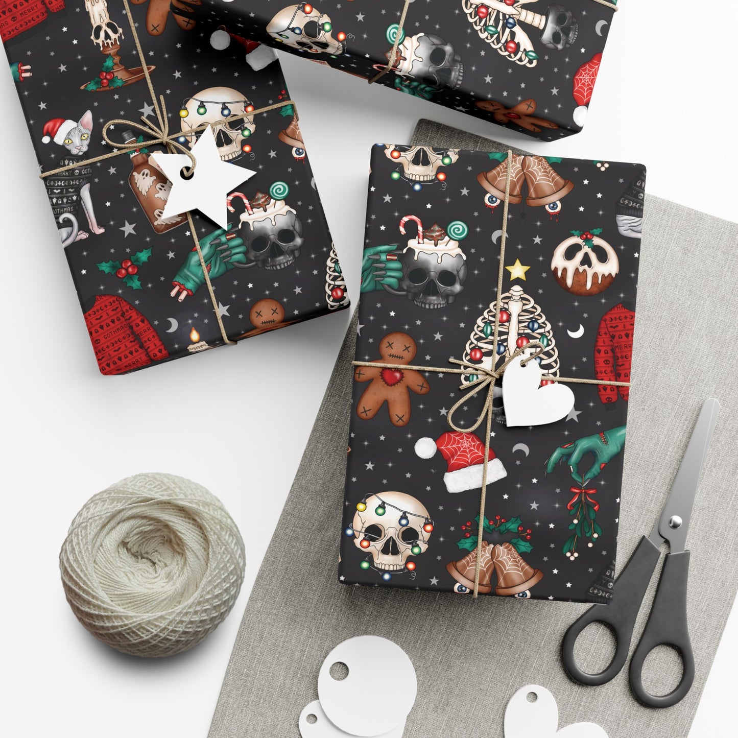 Kitschy Kawaii Goth Christmas, Creepy Cute Whimsigoth Creepmas Black Eco-Friendly Gift Wrap Paper