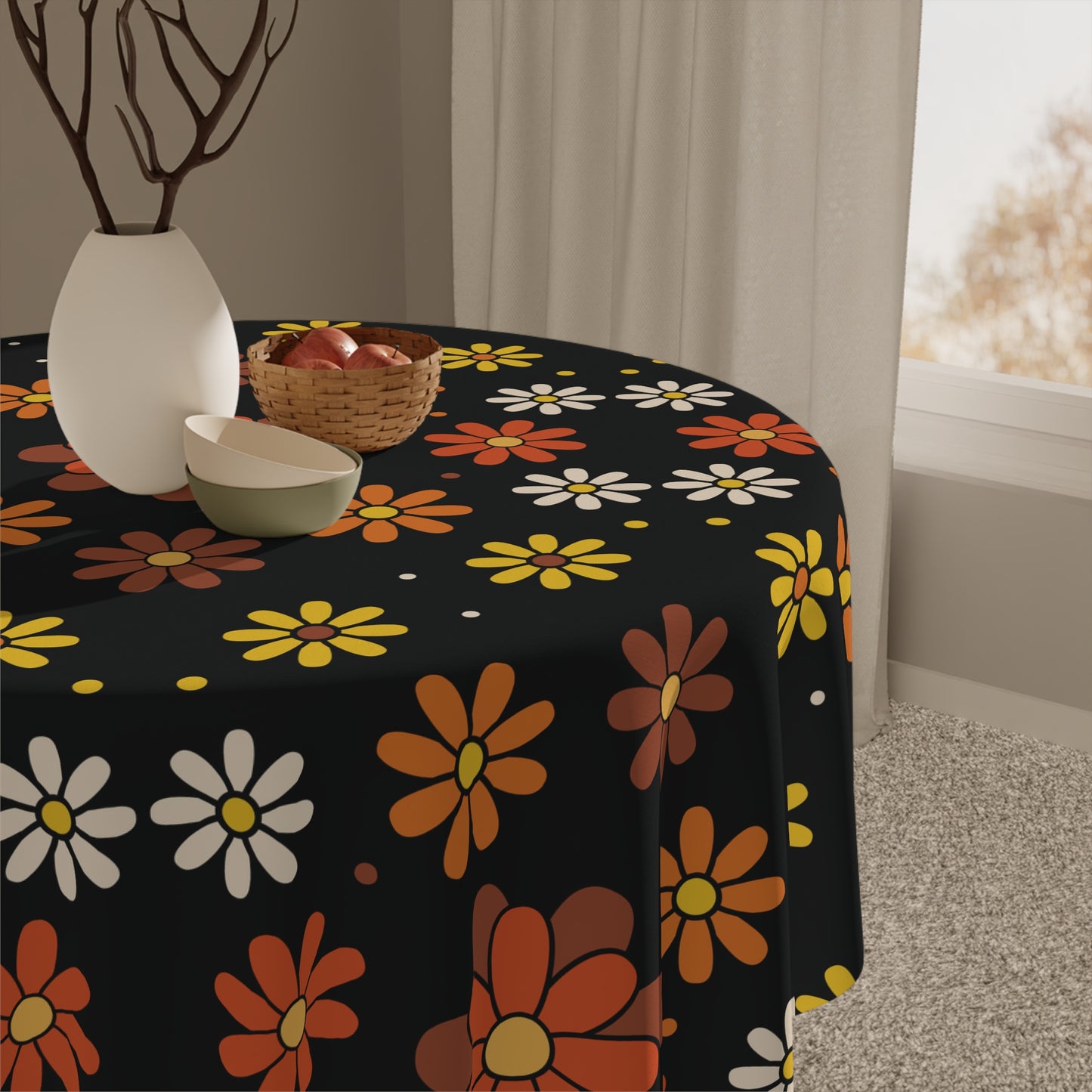 Retro 60s 70s Groovy Mod Daisy Floral Mid Century Black, Brown & Orange Tablecloth