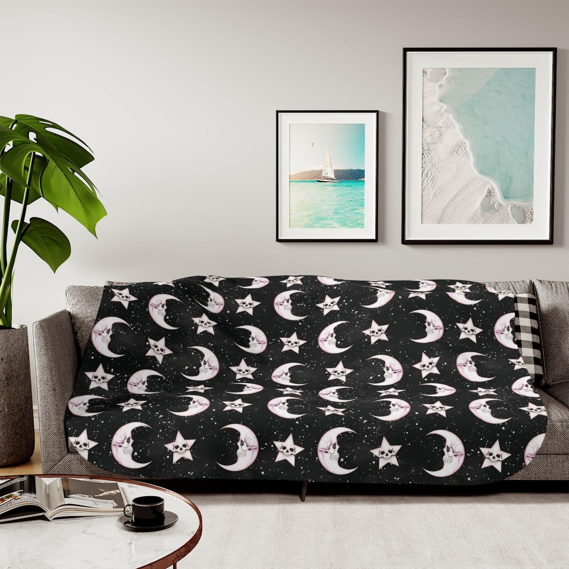 Goth Christmas Celestial Moon & Stars Whimsical Kawaii Creepmas Black Sherpa Blanket | lovevisionkarma.com