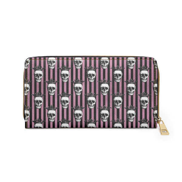 Skulls with Crowns Goth Glam Black & Pink Striped Zipper Wallet | lovevisionkarma.com
