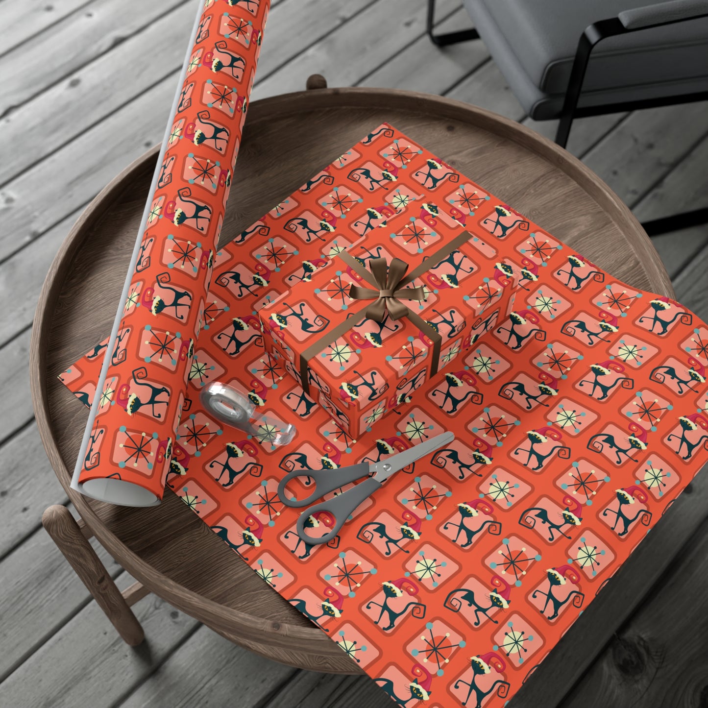 Retro 50's Atomic Cat Christmas Kitschy Mid Century Modern Red Eco-Friendly Wrapping Paper