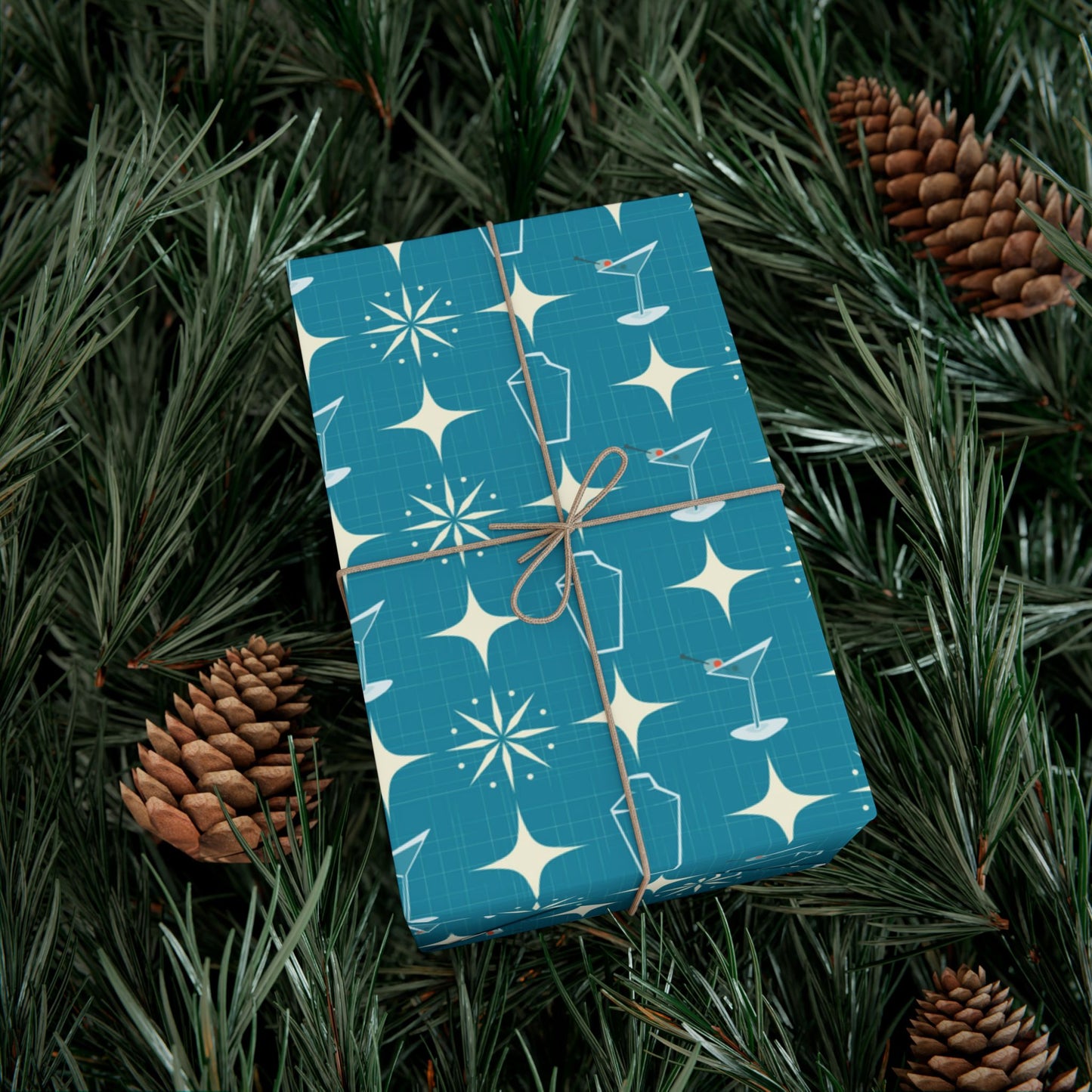 Retro 50's Atomic Starburst & Martinis Mid Century Mod Blue Eco-Friendly Gift Wrap