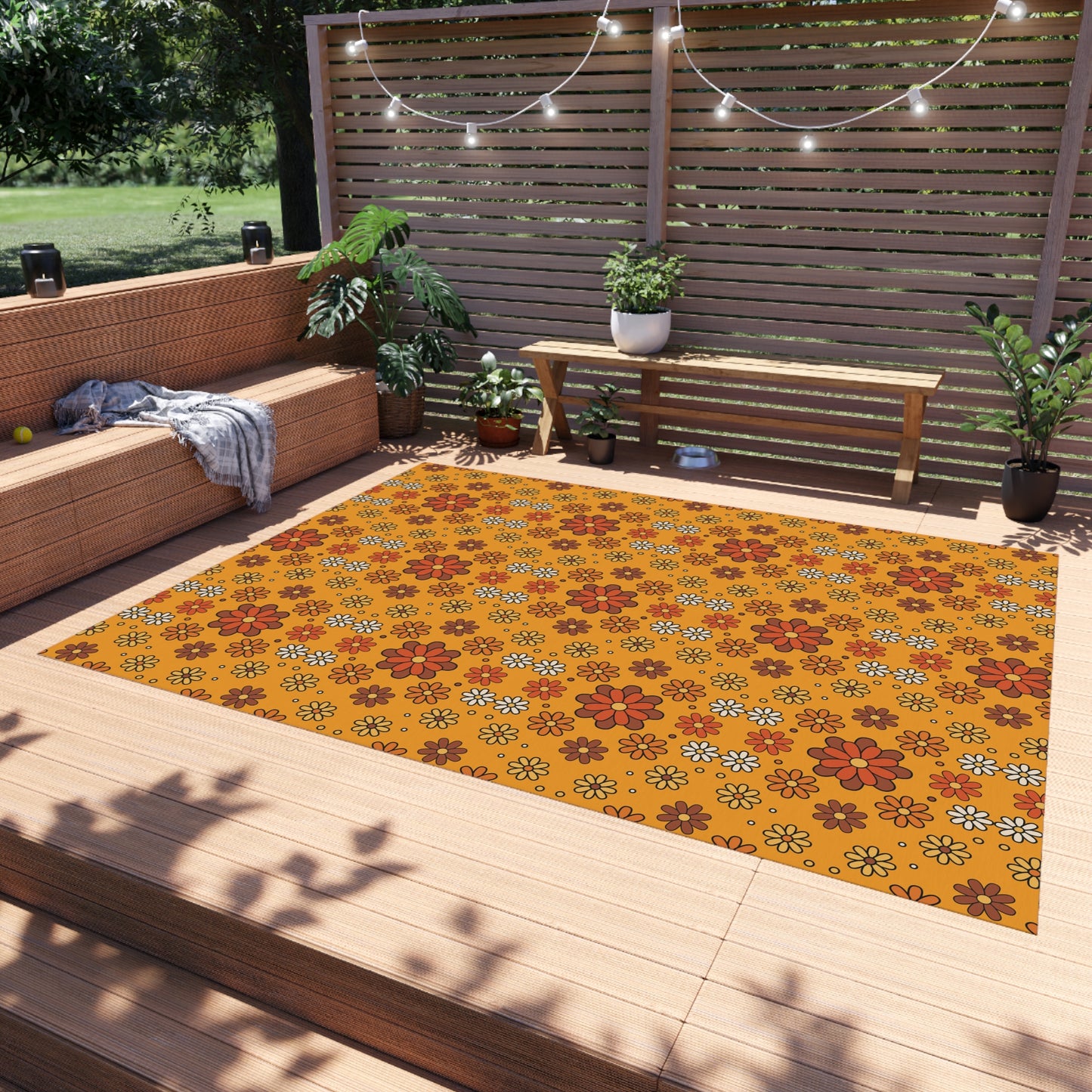 Retro 60s 70s Groovy Mod Daisy, Floral Mid Century Orange & Brown Anti-Slip Indoor/Outdoor Accent Rug